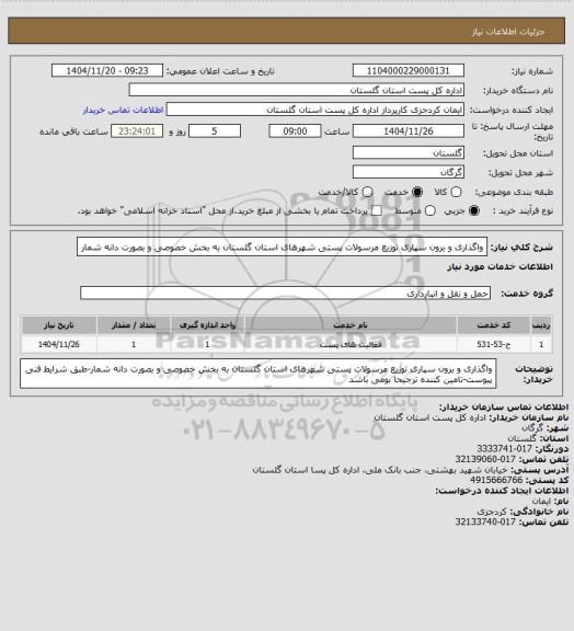استعلام واگذاری و برون سپاری توزیع مرسولات پستی شهرهای استان گلستان به بخش خصوصی و بصورت دانه شمار