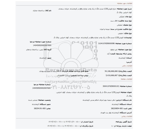 مزایده، فروش1/25 صدم دانگ از یک واحد تجاری واقع در کرمانشاه، خیابان سعدی، کوی احیایی، پلاک 2،