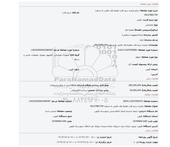مزایده، مزایده سیم کارت همراه اول دائمی به شماره 09127891754