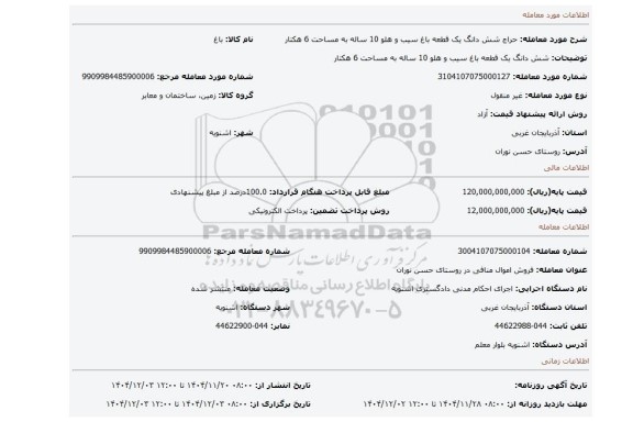 مزایده، شش دانگ یک قطعه باغ سیب و هلو 10 ساله به مساحت 6 هکتار