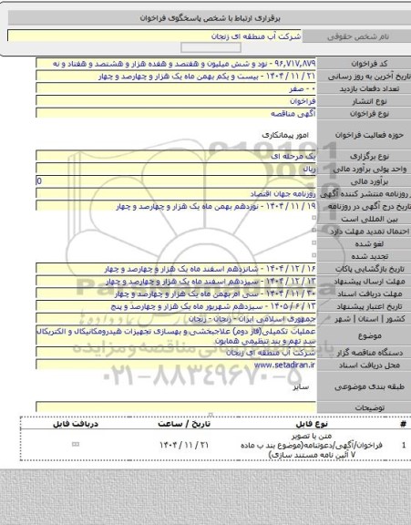 مناقصه, عملیات تکمیلی(فاز دوم) علاجبخشی و بهسازی تجهیزات هیدرومکانیکال و الکتریکال سد تهم و بند تنظیمی همایون