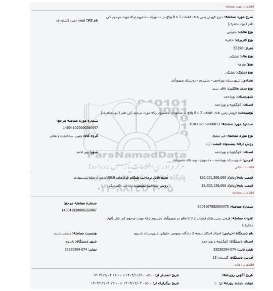 مزایده، فروش زمین های قطعات 2 تا 8 واقع در منصورآباد دشتروم ترکه مورث مرحوم کی ظفر (ابول مظفری)