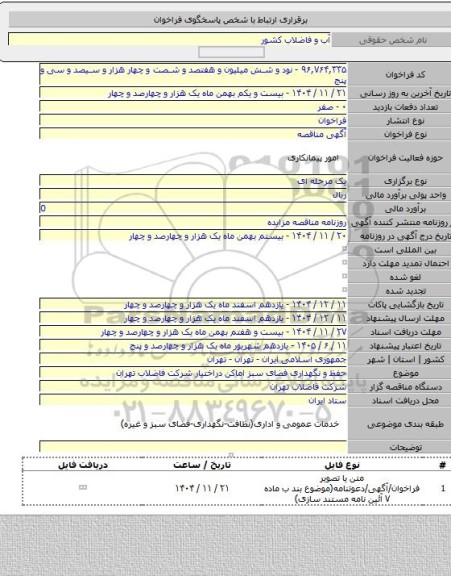 مناقصه, حفظ و نگهداری فضای سبز اماکن دراختیار شرکت فاضلاب تهران