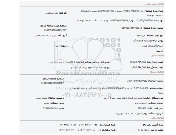 مزایده، 17/855/745/000 سهم از 83/000/000/000 سهم از ششدانگ ساختمان دو طبقه