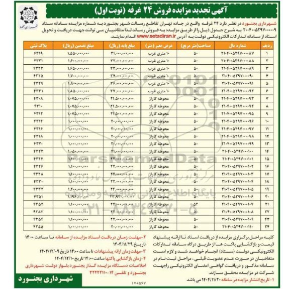 تجدید مزایده فروش 24 غرفه