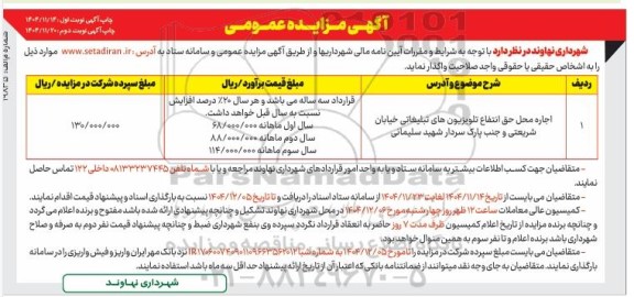 مزایده اجاره محل حق انتفاع تلویزیون های تبلیغاتی ...- نوبت دوم