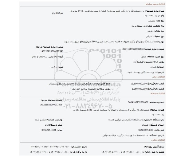 مزایده، ششدانگ باغ زردآلو و گردو معروف به قصابه به مساحت تقریبی 5440 مترمربع واقع در روستای شوند