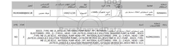 استعلام پمپ شیمیایی انتقال سدیم بی سولفیت