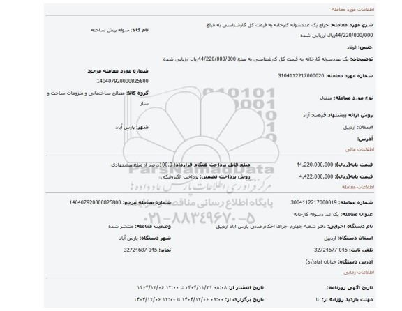مزایده، یک عددسوله کارخانه یه قیمت کل کارشناسی به مبلغ  44/220/000/000ریال ارزیابی شده