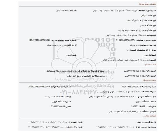 مزایده، سه دانگ مشاع از یک ملتک تجاری و مسکونی