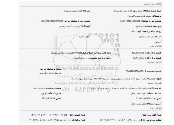 مزایده، سهم الارث زمین بالاسرباغ