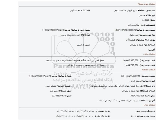 مزایده، فروش ملک مسکونی