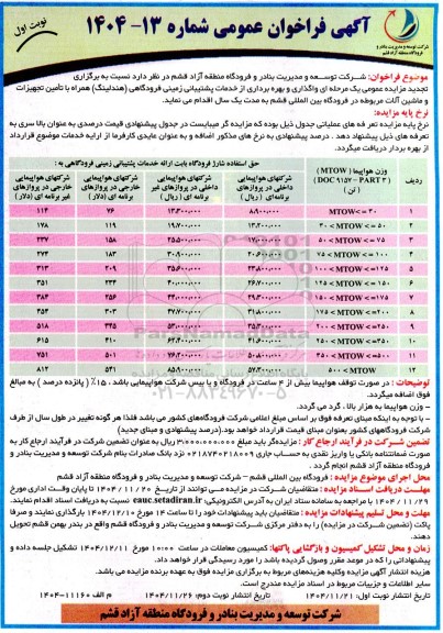 فراخوان مزایده واگذاری و بهره برداری از خدمات پشتیبانی زمینی فرودگاهی (هندلینگ) همراه با تامین تجهیزات و ماشین آلات مربوطه