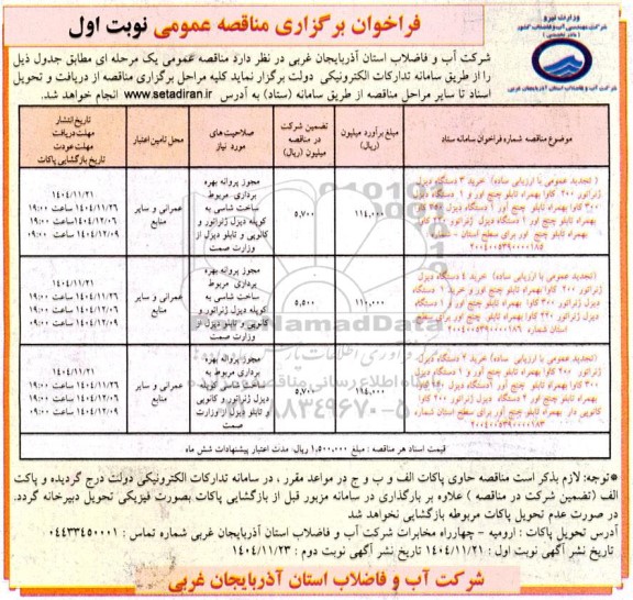 تجدید مناقصه خرید 3 دستگاه دیزل ژنراتور 200 کاوا ....