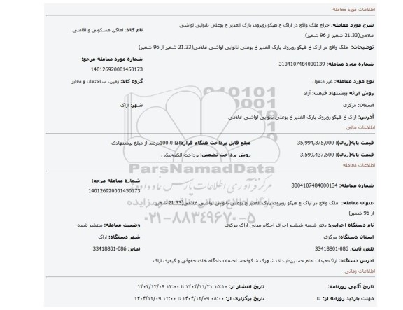 مزایده،  ملک واقع در اراک خ هپکو روبروی پارک الغدیر خ بوعلی نانوایی لواشی غلامی(21.33 شعیر از 96 شعیر)