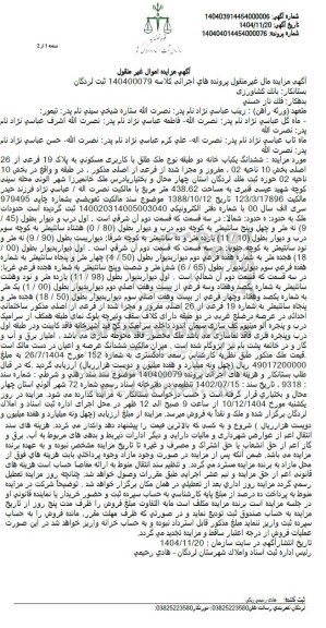 مزایده ششدانگ یکباب خانه دو طبقه نوع ملک طلق با کاربری مسکونی به پلاک 19 فرعی از 26 اصلی