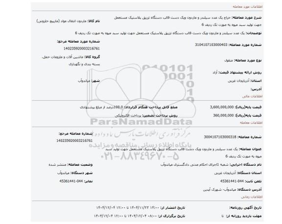 مزایده، یک عدد سیلندر و ماردون ویک دست قالب دستگاه تزریق پلاستیک مستعمل جهت تولید سبد میوه به صورت تک ردیف 6