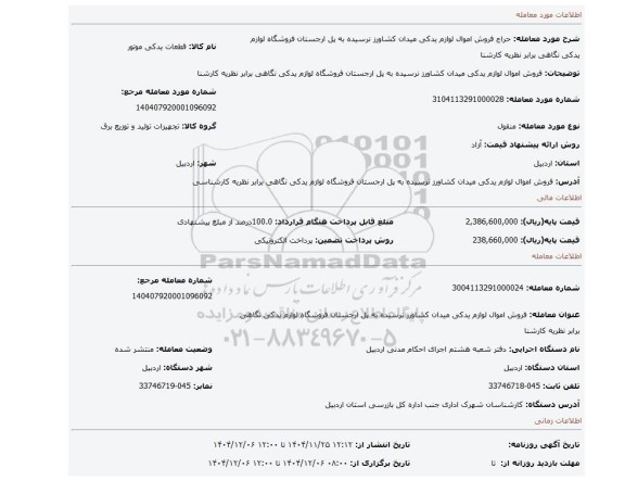 مزایده، فروش اموال  لوازم یدکی میدان کشاورز نرسیده به پل ارجستان فروشگاه لوازم یدکی نگاهی برابر نظریه کارشنا