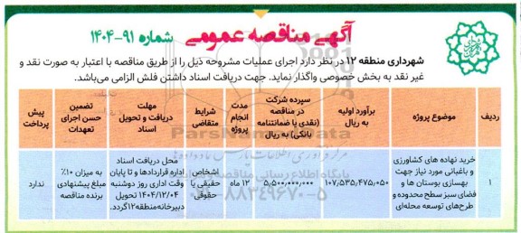 مناقصه خرید نهاده های کشاورزی و باغبانی مورد نیاز  ...