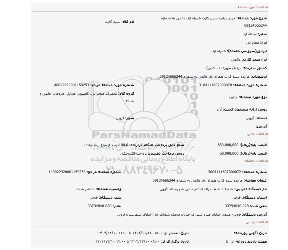 مزایده، مزایده سیم کارت همراه اول دائمی به شماره 09124666244