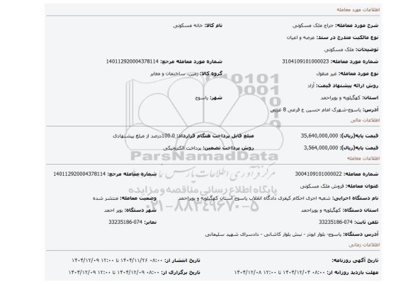 مزایده، ملک مسکونی