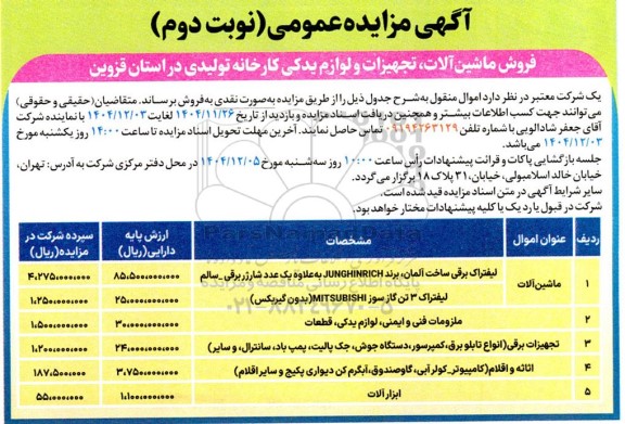 مزایده فروش ماشین آلات، تجهیزات و لوازم یدکی کارخانه تولیدی - نوبت دوم
