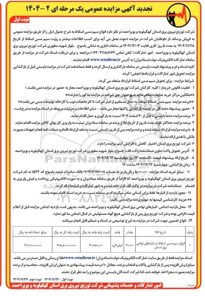 مزایده فروتجدید مزایده انواع سیم مسی اسقاطش انواع سیم مسی اسقاط 