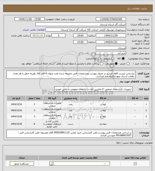 استعلام براساس لیست اقلام مندرج در جدول پیوست ومشخصات فنی ضمیمه شده تحت عنوان 4 قلم کالا. هزینه حمل با هر تعداد دفعات ارسال بعهده فروشنده میباشد.