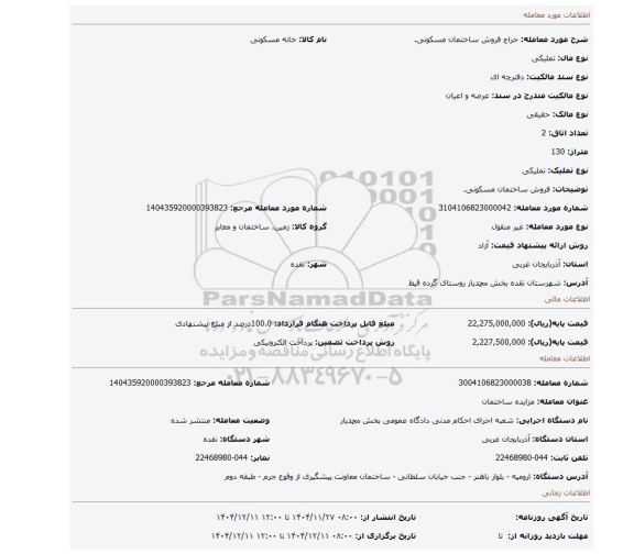 مزایده، فروش ساختمان مسکونی.