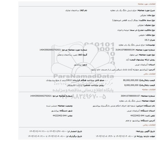 مزایده، حراج شش دانگ یک باب مغازه