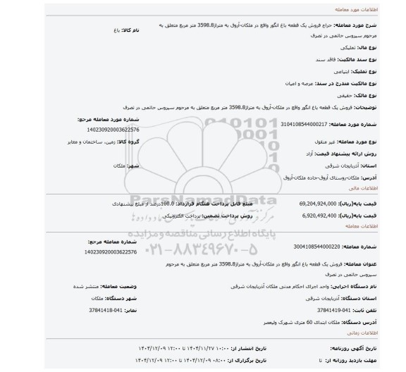 مزایده، فروش یک قطعه باغ انگور واقع در ملکان-آروق به متراژ3598.8 متر مربع متعلق به مرحوم سیروس حاتمی در تصرف
