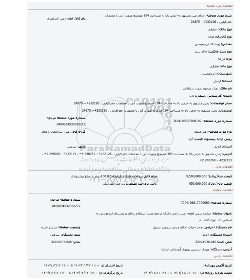 مزایده، زمین  مشهور به  خرمن بالا به مساحت 184 مترمربع بصورت آبی با   مختصات   جغرافیایی  ،  4232126 – 24875