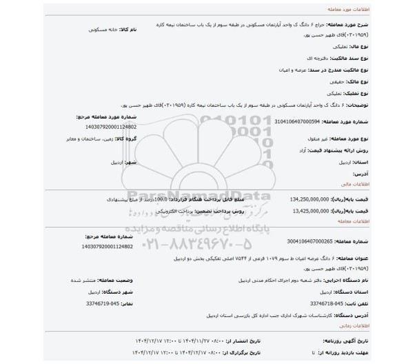 مزایده، ۶ دانگ ک واحد آپارتمان مسکونی  در طبقه سوم از یک باب ساختمان  نیمه کاره (۰۳۰۱۹۵۹)قای ظهیر حسن پور،