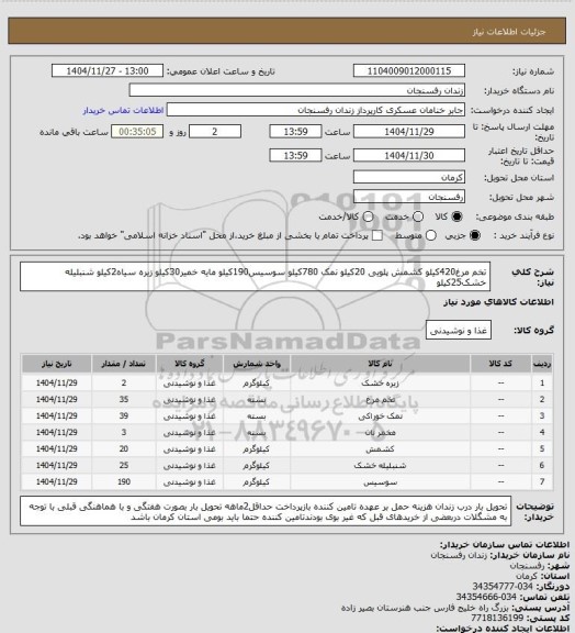 استعلام تخم مرغ420کیلو کشمش پلویی 20کیلو نمک 780کیلو سوسیس190کیلو مایه خمیر30کیلو زیره سیاه2کیلو شنبلیله خشک25کیلو