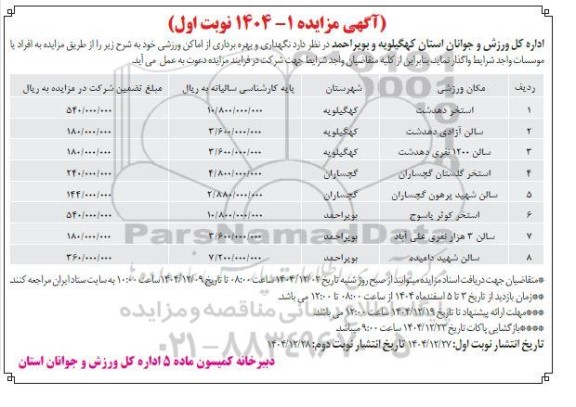 مزایده نگهداری و بهره برداری از اماکن ورزشی