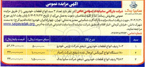 مزایده عمومی تعداد 3 سبد انواع قطعات خودرویی