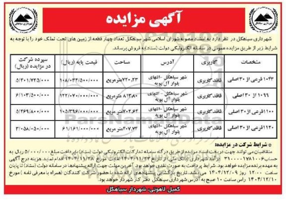 مزایده تعداد چهار قطعه از زمین های تحت تملک