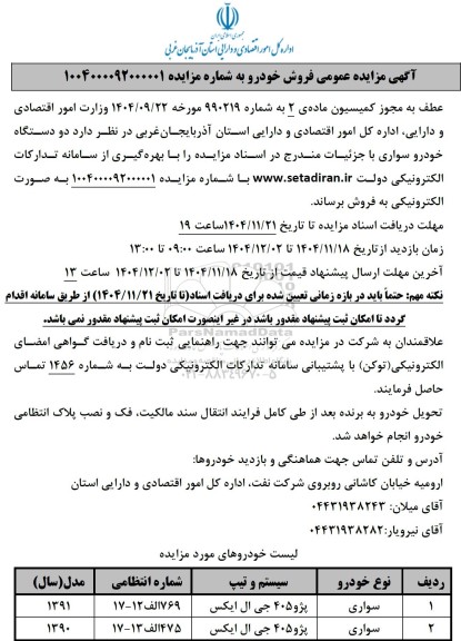 مزایده فروش دو دستگاه خودرو سواری 
