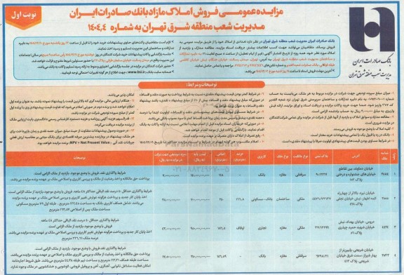مزایده عمومی فروش املاک مازاد بانک صادرات ایران
