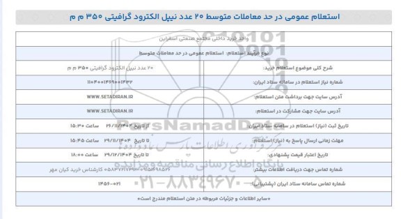 استعلام خرید 20 عدد نیپل الکترود گرافیتی 350 م م 