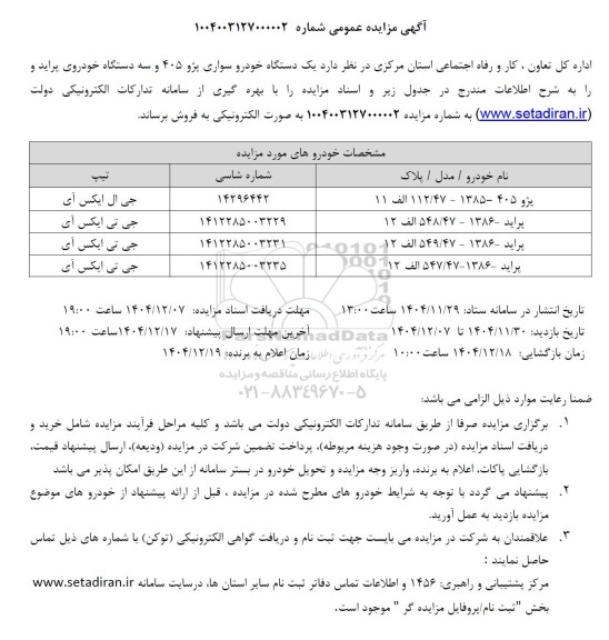 مزایده عمومی یک دستگاه خودرو سواری پژو 405 و سه دستگاه خودروی پراید