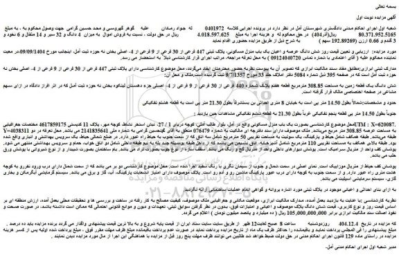 مزایده شش دانگ عرصه و اعیان یک باب منزل مسکونی، پلاک ثبتی 447 فرعی از 30 فرعی از 9 فرعی از 4- اصلی