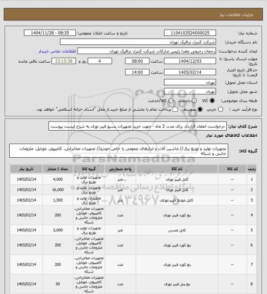 استعلام درخواست انعقاد قرارداد برای مدت 2 ماه - جهت خرید تجهیزات پسیو فیبر نوری به شرح لیست پیوست