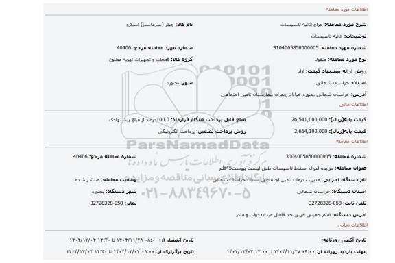 مزایده، اثاثیه تاسیسات
