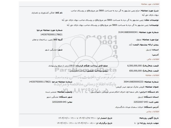 مزایده، زمین مشهور به گن دره  به مساحت 5800 متر مربع واقع در روستای صاحب دیوان دارای حق آبه