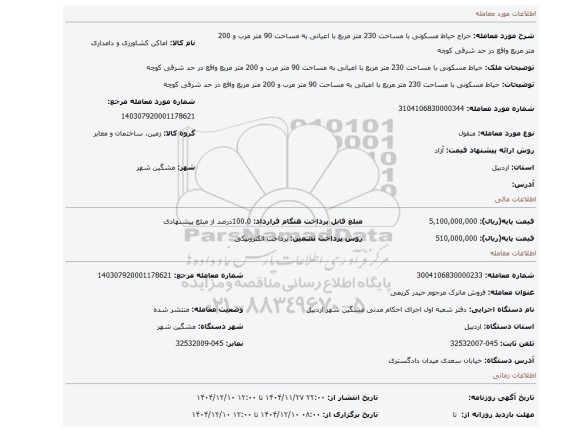 مزایده، حیاط مسکونی با مساحت 230 متر مربع با اعیانی به مساحت 90 متر مرب و 200 متر مربع واقع در حد شرقی کوچه