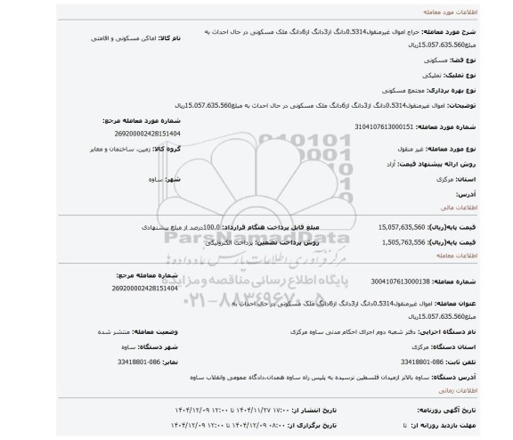مزایده، اموال غیرمنقول0.5314دانگ از3دانگ از6دانگ ملک مسکونی در حال احداث به مبلغ15.057.635.560ریال
