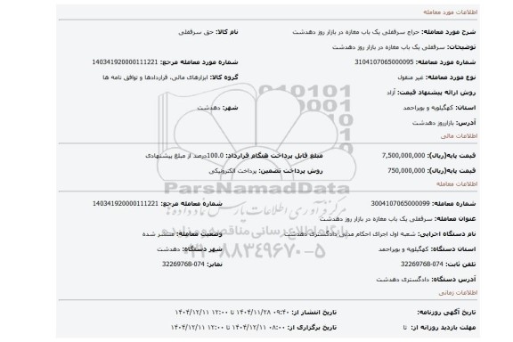 مزایده، سرقفلی یک باب مغازه در بازار روز دهدشت