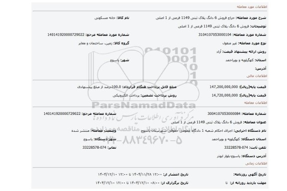 مزایده، فروش 6 دانگ پلاک ثبتی 1149 فرعی از 1 اصلی