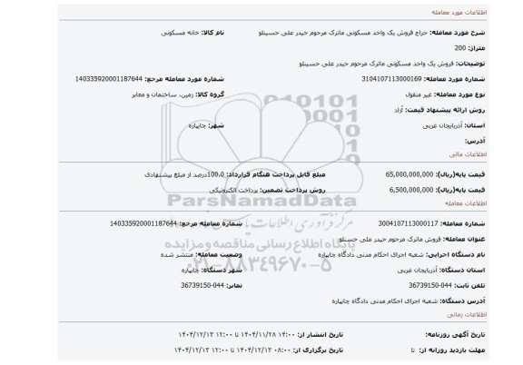 مزایده، فروش یک واحد مسکونی ماترک مرحوم حیدر علی حسینلو